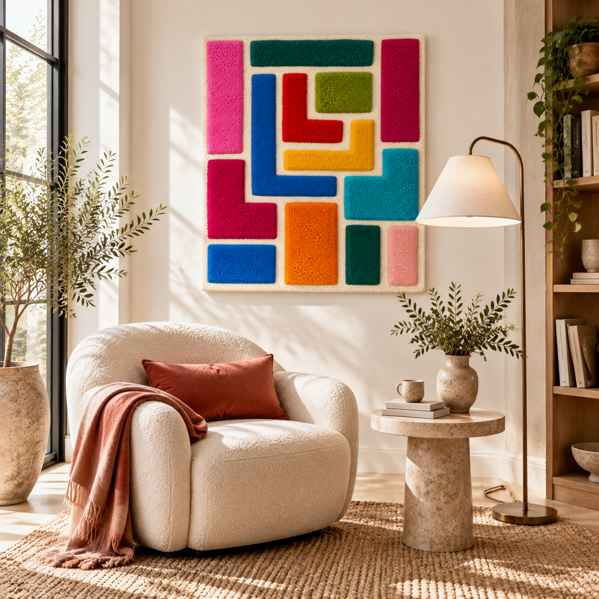Hewn Earth Nested Candy Corner Blocks wall art displayed in a modern room scene, showcasing colorful geometric wall decor.