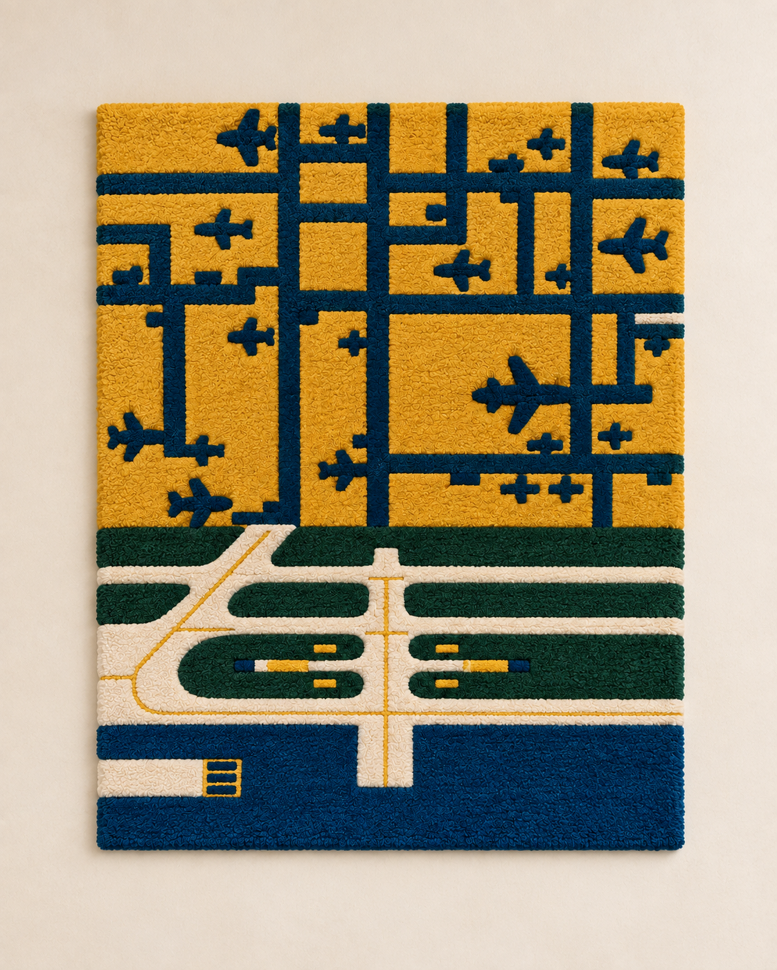 Hewn Earth Ochre Airfield Grid wall art featuring a geometric grid design in warm ochre tones on a light background.