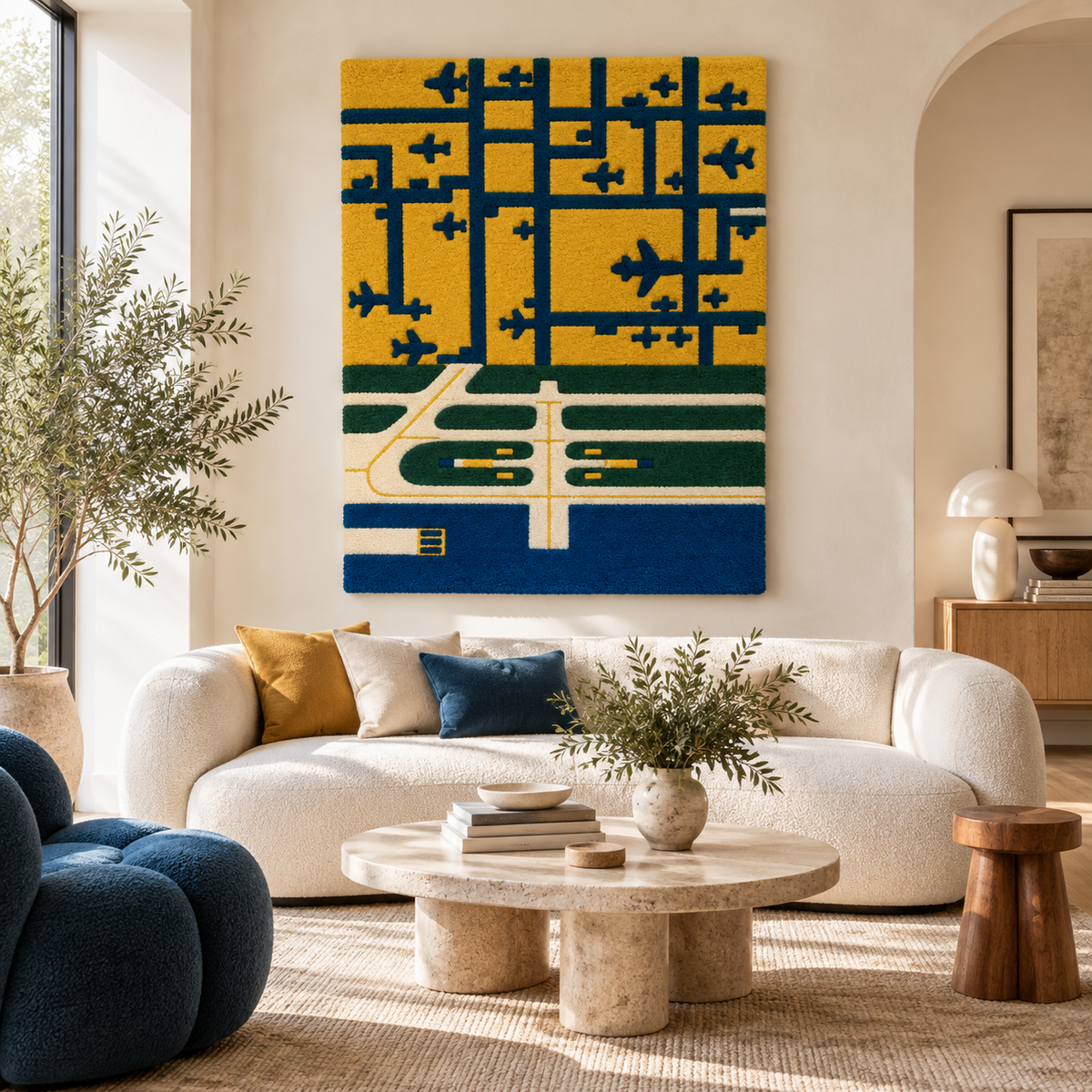 Hewn Earth Ochre Airfield Grid wall art displayed in a room, featuring a geometric ochre and neutral-toned grid design.