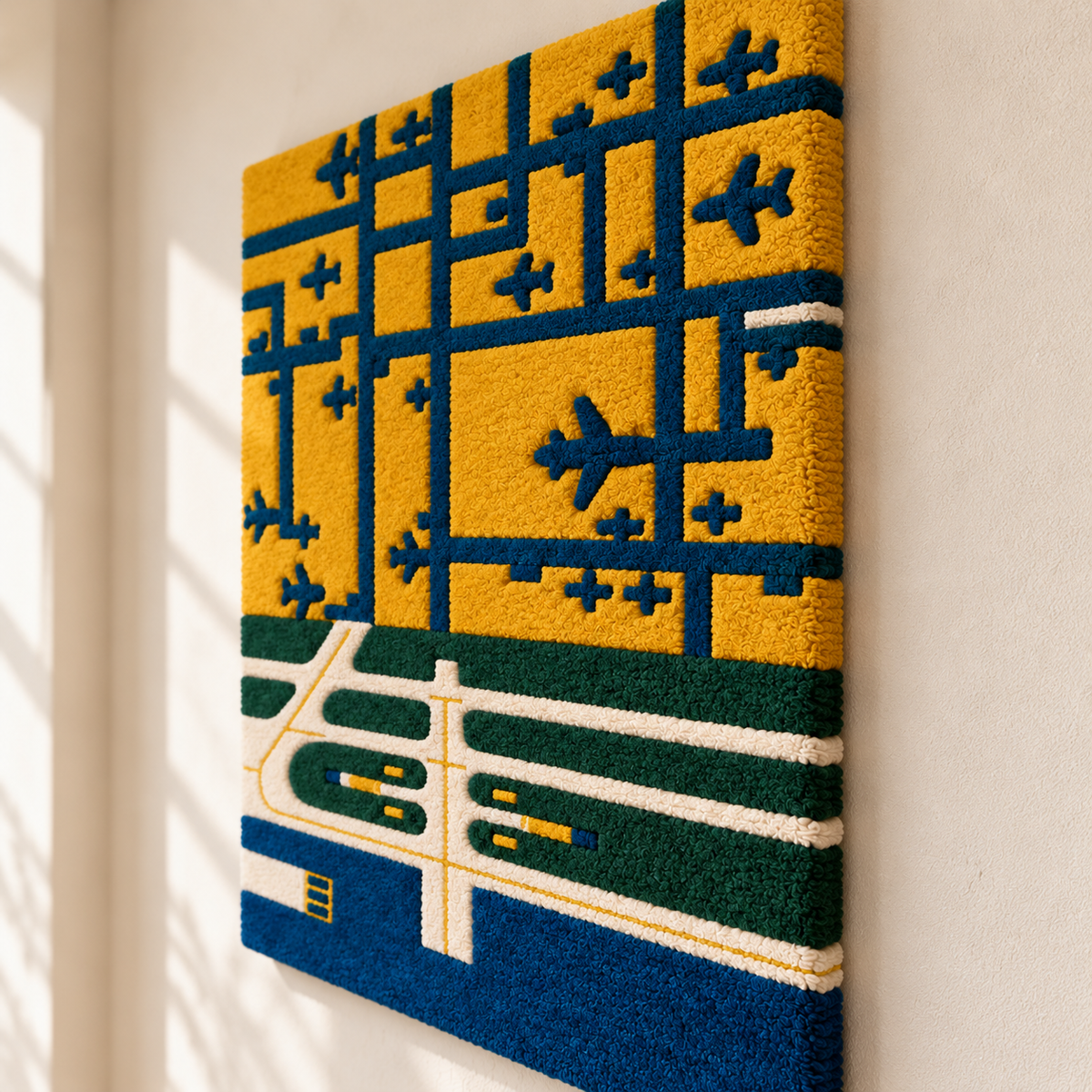 Hewn Earth Ochre Airfield Grid wall art featuring a geometric grid design in warm ochre tones, viewed from an angle.