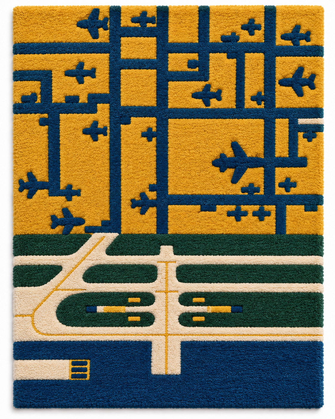 Hewn Earth Ochre Airfield Grid wall art featuring an abstract ochre and black geometric pattern on a textured background.