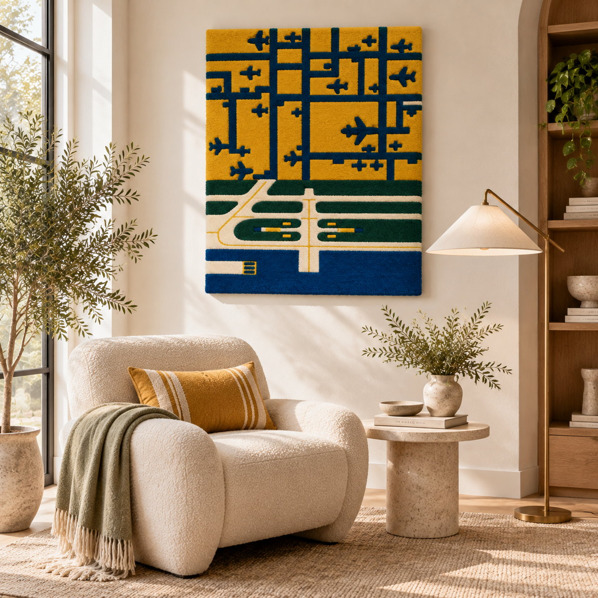 Hewn Earth Ochre Airfield Grid wall art displayed in a room, showcasing warm ochre tones and geometric grid design.