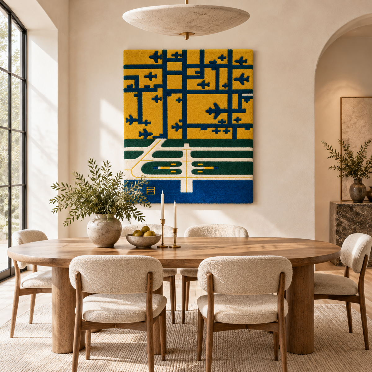 Hewn Earth Ochre Airfield Grid wall art displayed in a room, featuring geometric ochre-colored grid design for modern interior decor.