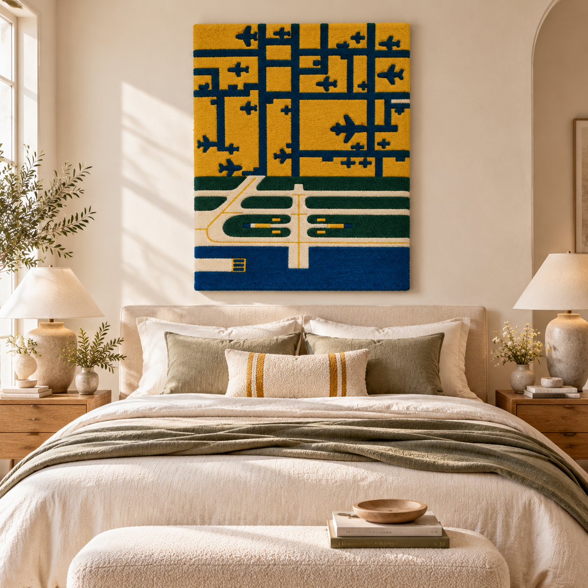 Hewn Earth Ochre Airfield Grid wall art displayed in a modern room setting, featuring geometric ochre and neutral-toned design.