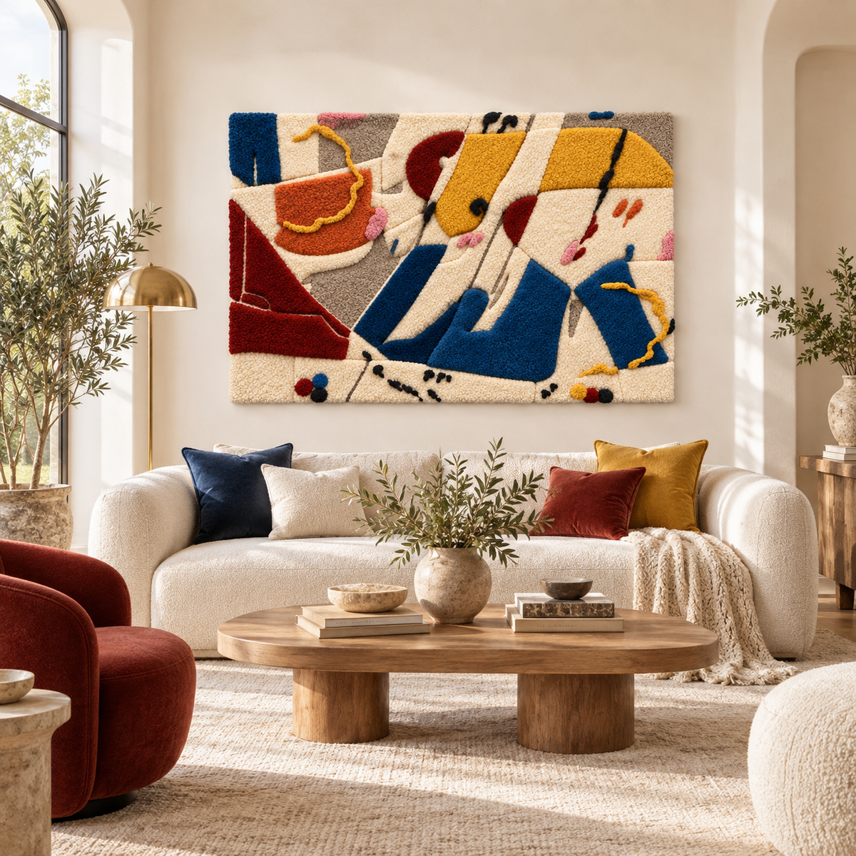 Ochre and Cobalt Syncopation — front-facing room scene