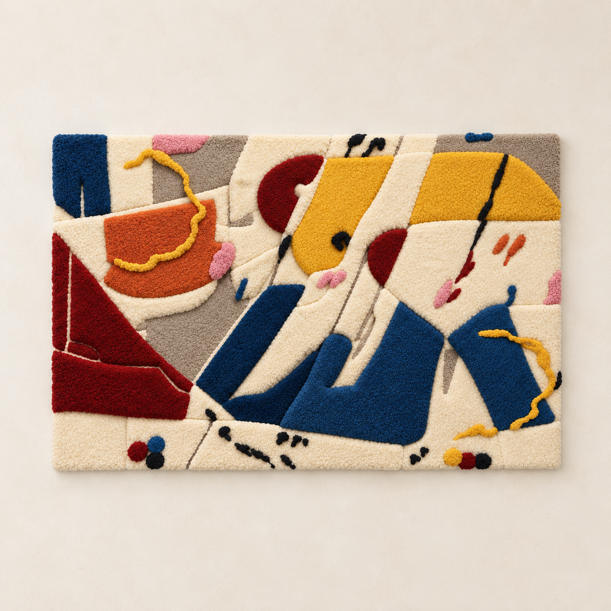Hewn Earth wall art in ochre and cobalt colors featuring abstract syncopation design on a neutral background.