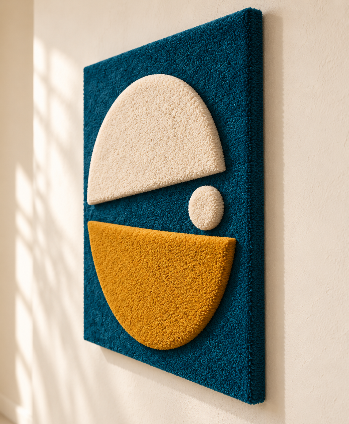 Hewn Earth wall art featuring a split orbit design in ochre and ivory colors, displayed from an angled perspective.