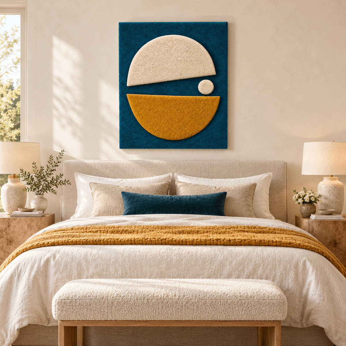 Hewn Earth Ochre and Ivory Split Orbit wall art with geometric circular design on a white background.