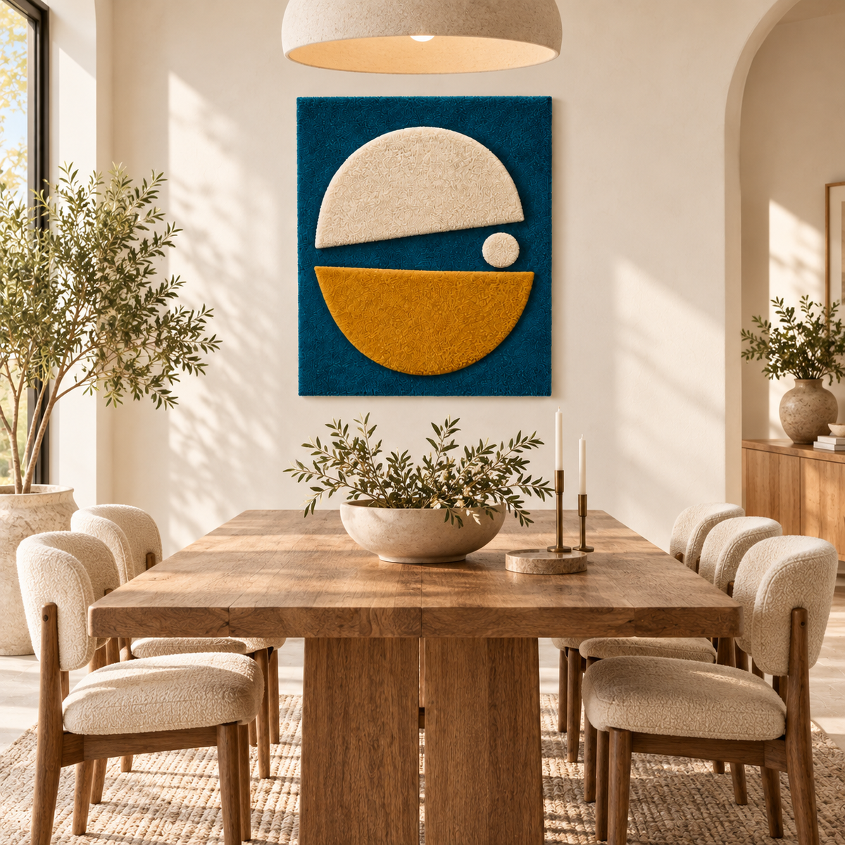 Hewn Earth Ochre and Ivory Split Orbit wall art featuring a circular design with bold ochre and ivory colors, modern home decor piece