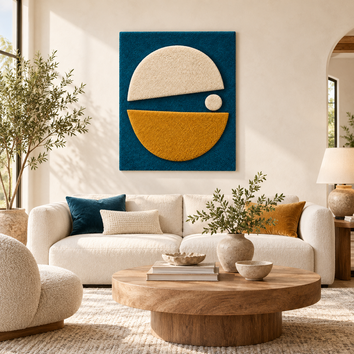 Hewn Earth ochre and ivory split orbit wall art, modern abstract design, displayed on a room wall with natural lighting