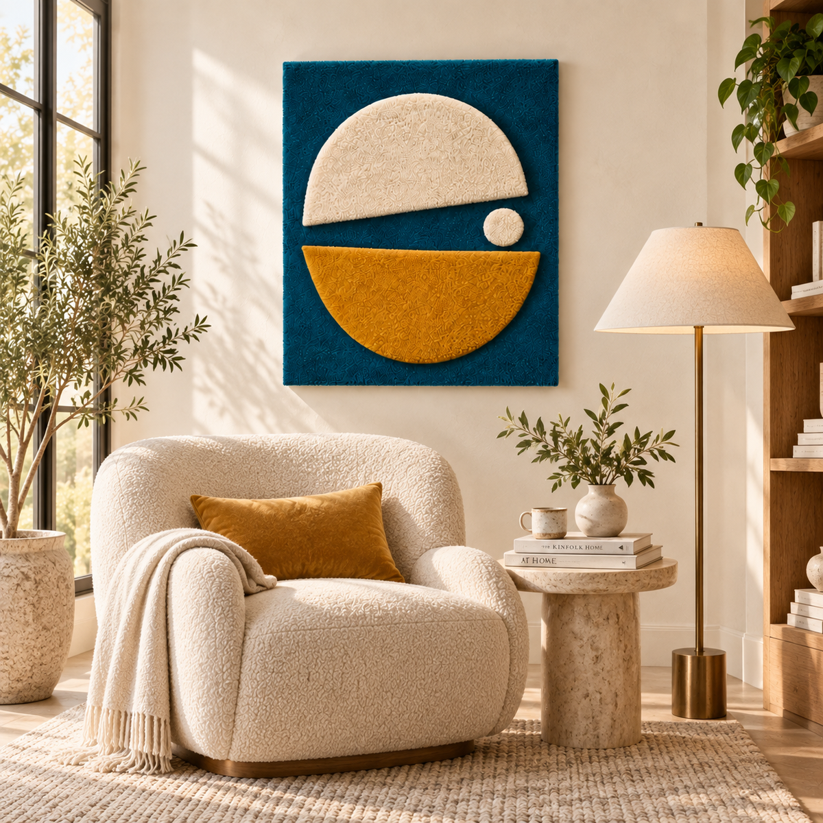 Hewn Earth Ochre and Ivory Split Orbit wall art with circular abstract design hanging on a wall.