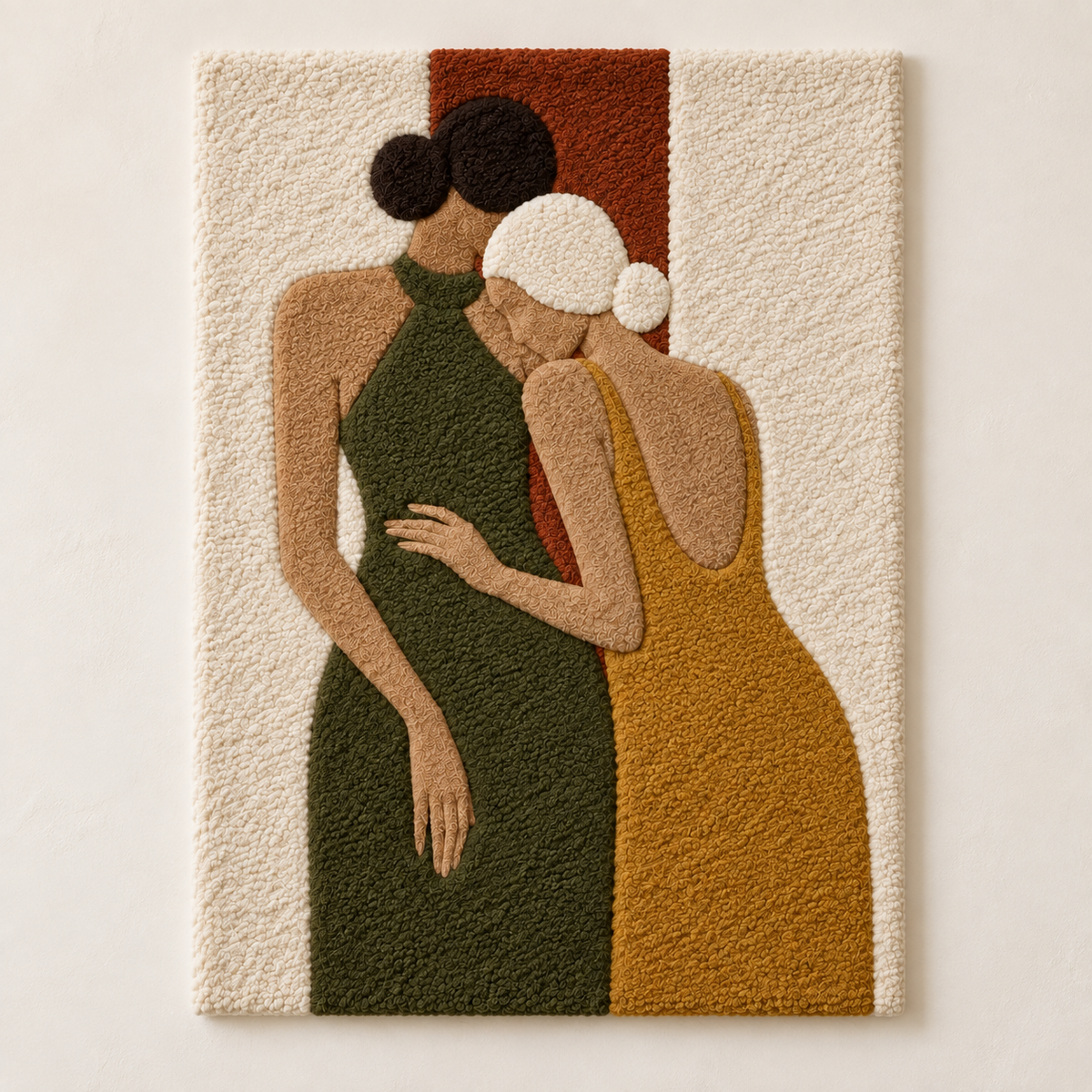Hewn Earth wall art featuring ochre and olive-colored abstract companions on a neutral background.
