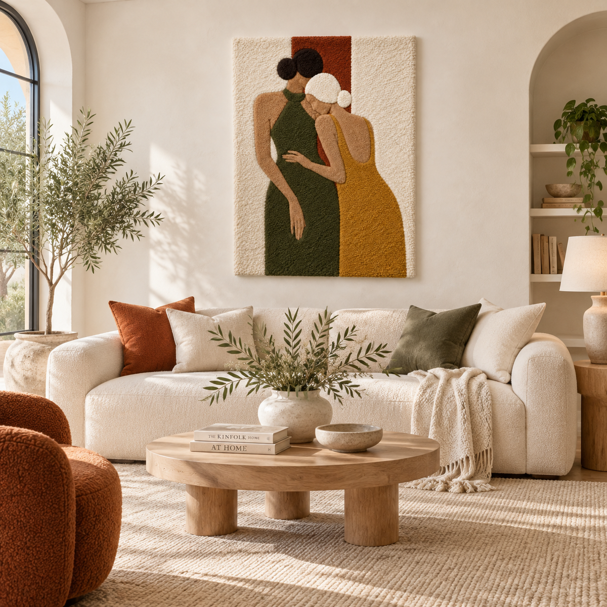 Hewn Earth wall art featuring ochre and olive-colored abstract companions, displayed in a modern room setting.