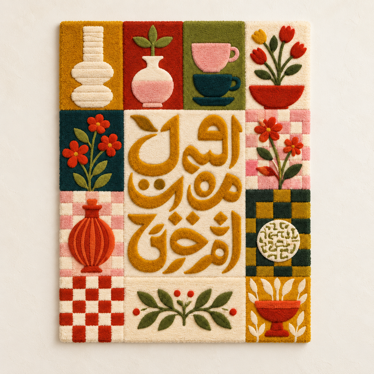 Ochre calligraphy garden tiles, Hewn Earth wall art featuring intricate patterns and vibrant garden-inspired design.