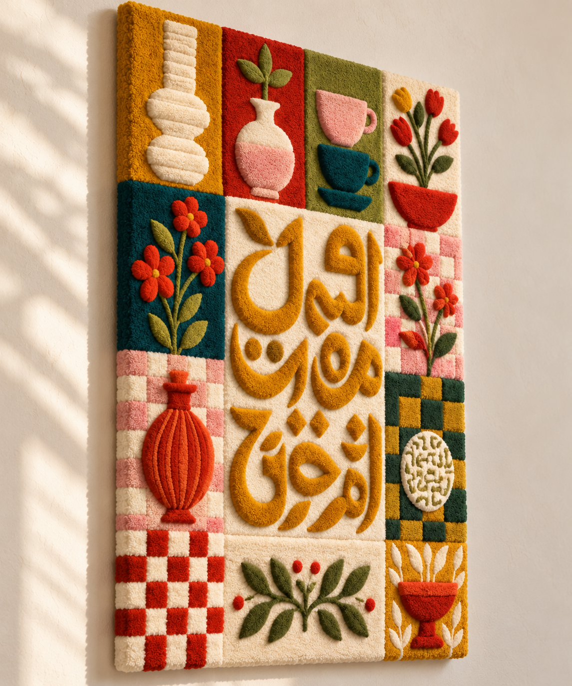 Hewn Earth ochre calligraphy garden tiles wall art, showing intricate design and vibrant color details in a close-up view.