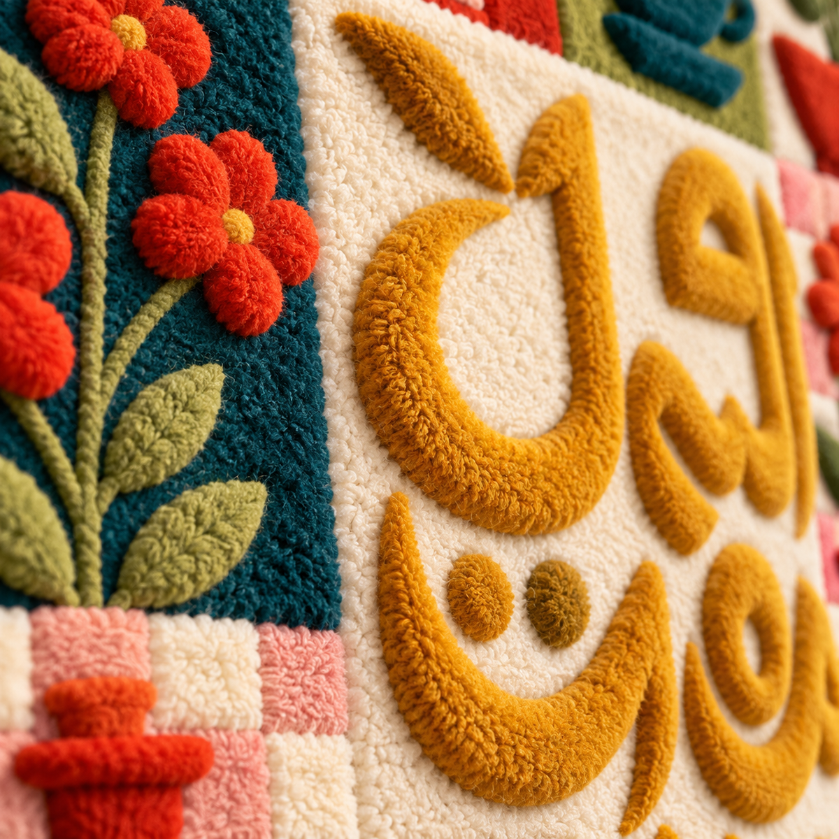Close-up of Hewn Earth Ochre Calligraphy Garden Tiles wall art showing intricate calligraphy and vibrant ochre color details.