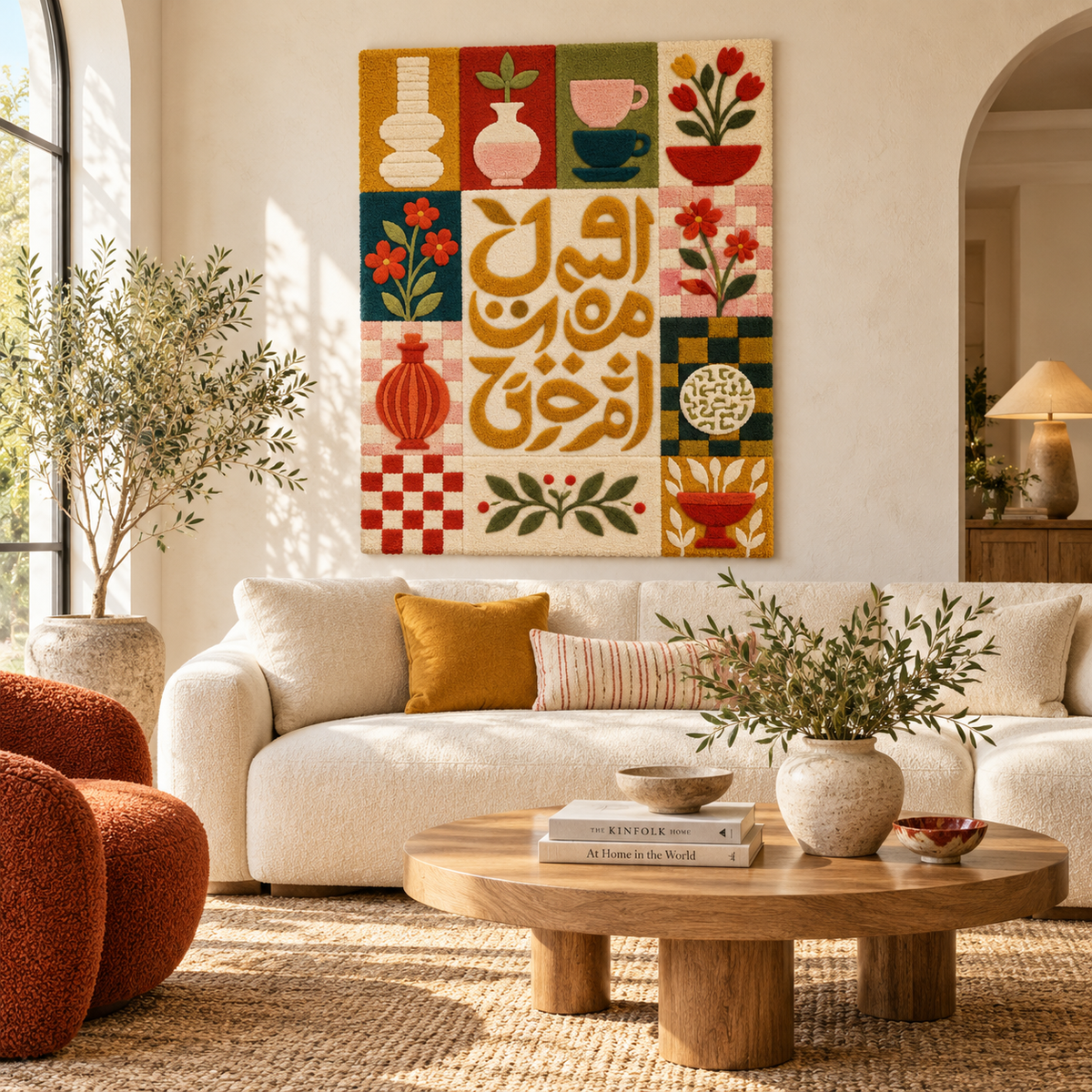 Ochre Calligraphy Garden Tiles wall art by Hewn Earth, featuring intricate calligraphy and garden-inspired design for interior decor.