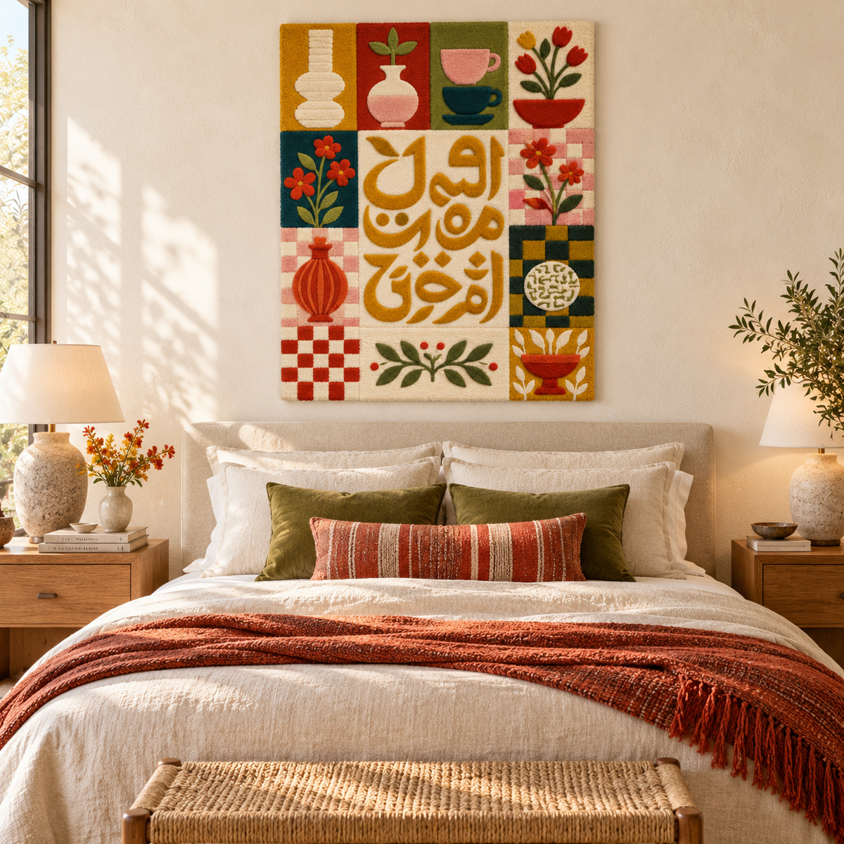 Hewn Earth ochre calligraphy garden tiles wall art featuring intricate designs on a wall in a room setting.