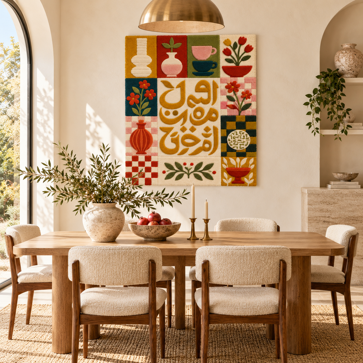 Hewn Earth ochre calligraphy garden tiles wall art featuring intricate design in a room setting.