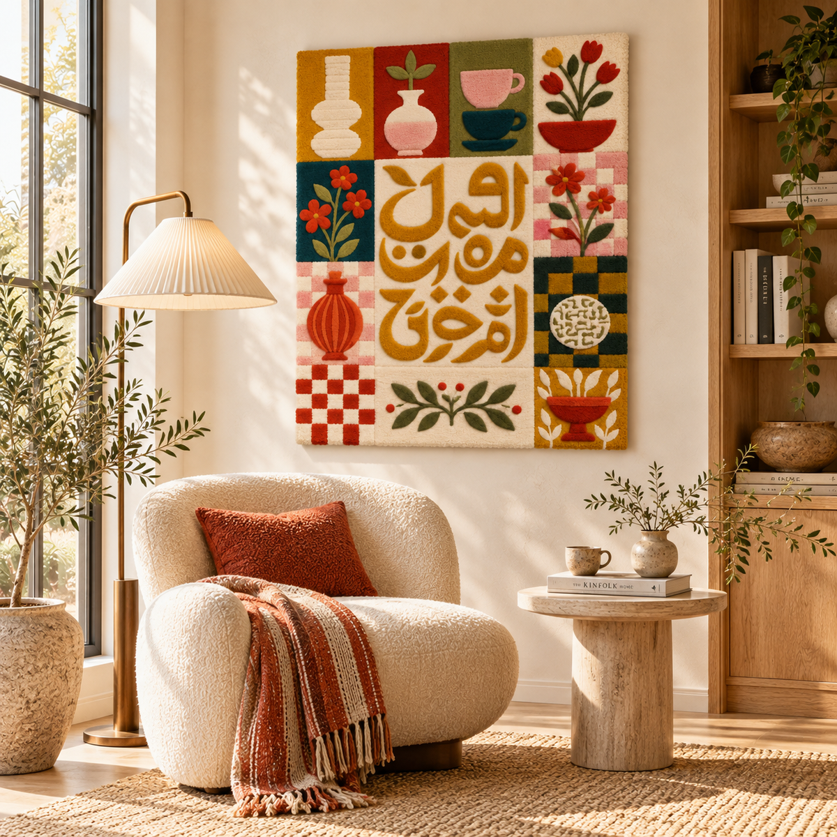 Hewn Earth ochre calligraphy garden tiles wall art featuring intricate design, displayed on a room wall.