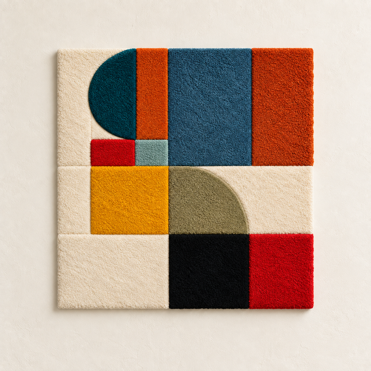 Hewn Earth Ochre Crescent Block Study wall art featuring a warm ochre geometric crescent design on a white background.