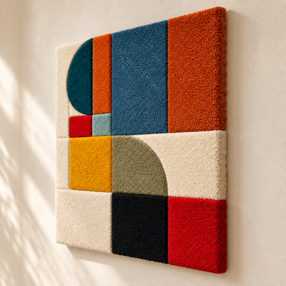 Hewn Earth wall art featuring an ochre crescent block design, displayed from an angled perspective.