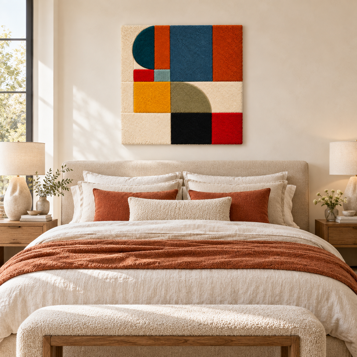 Hewn Earth wall art featuring an ochre crescent block design, displayed in a room setting with natural light.