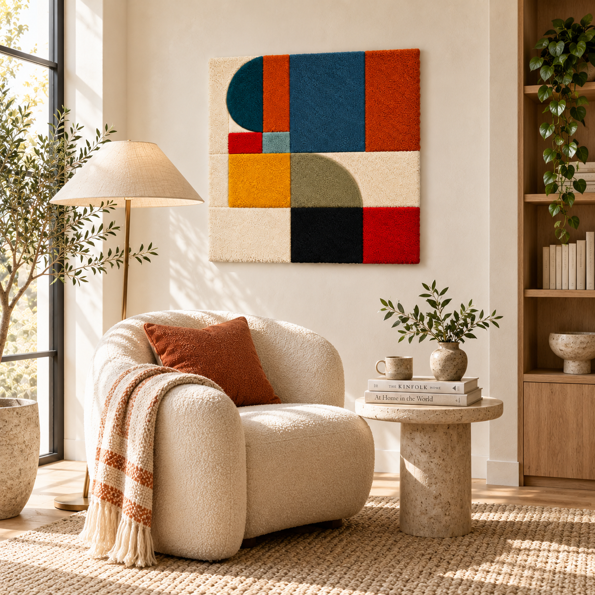 Hewn Earth ochre crescent wall art with geometric block design, displayed on a room wall as a modern decorative piece.