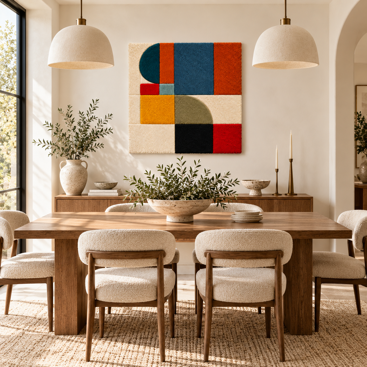Hewn Earth ochre crescent wall art with geometric block design, displayed on a modern room wall for contemporary home decor.