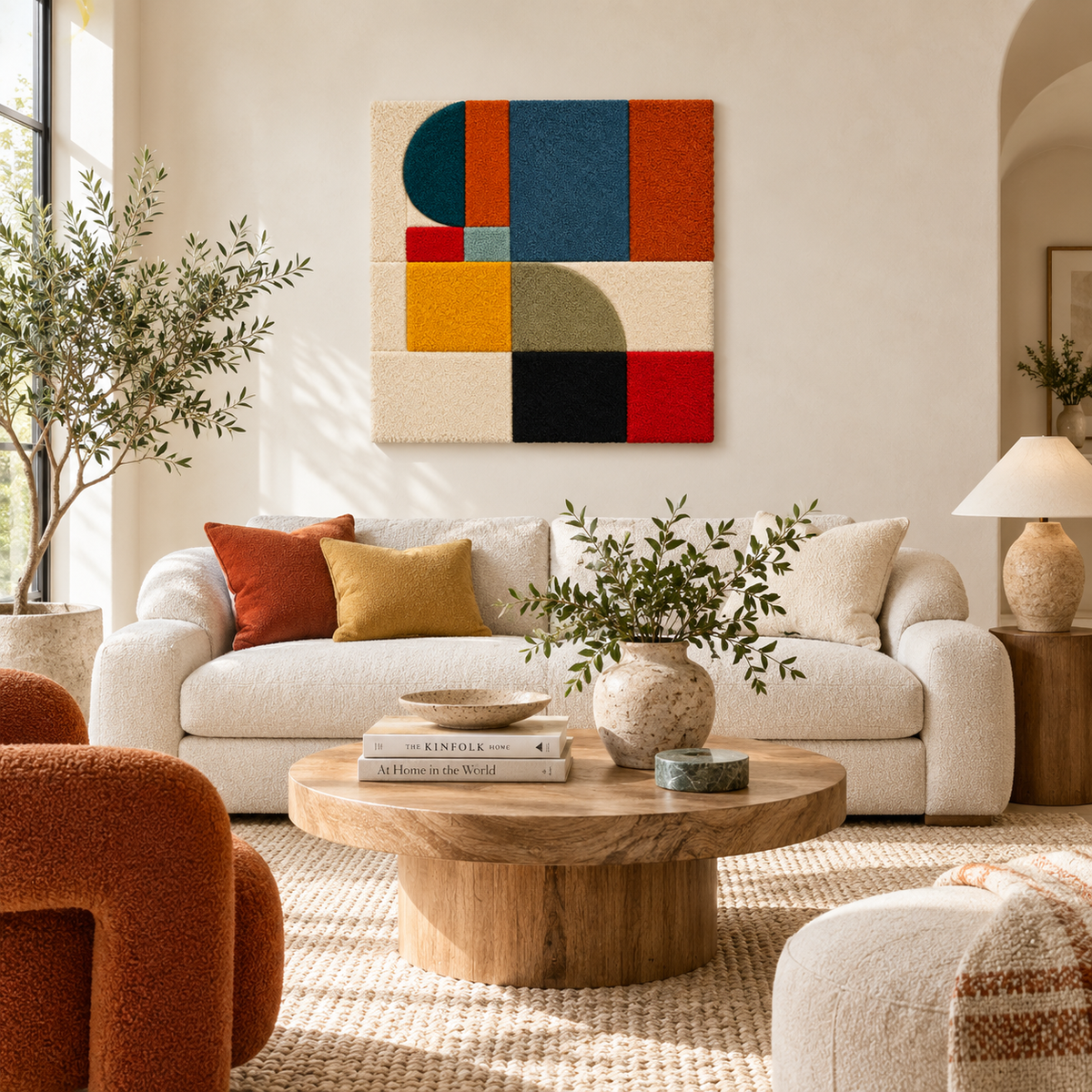 Hewn Earth wall art featuring an ochre crescent block design, displayed on a modern room wall with natural lighting.