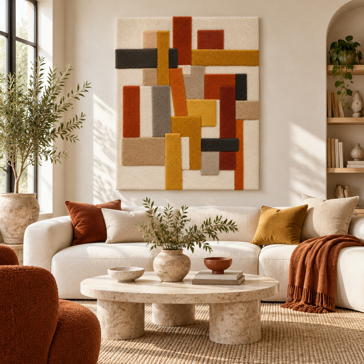 Ochre Crossbar and Rust Columns — front-facing room scene [room-front]