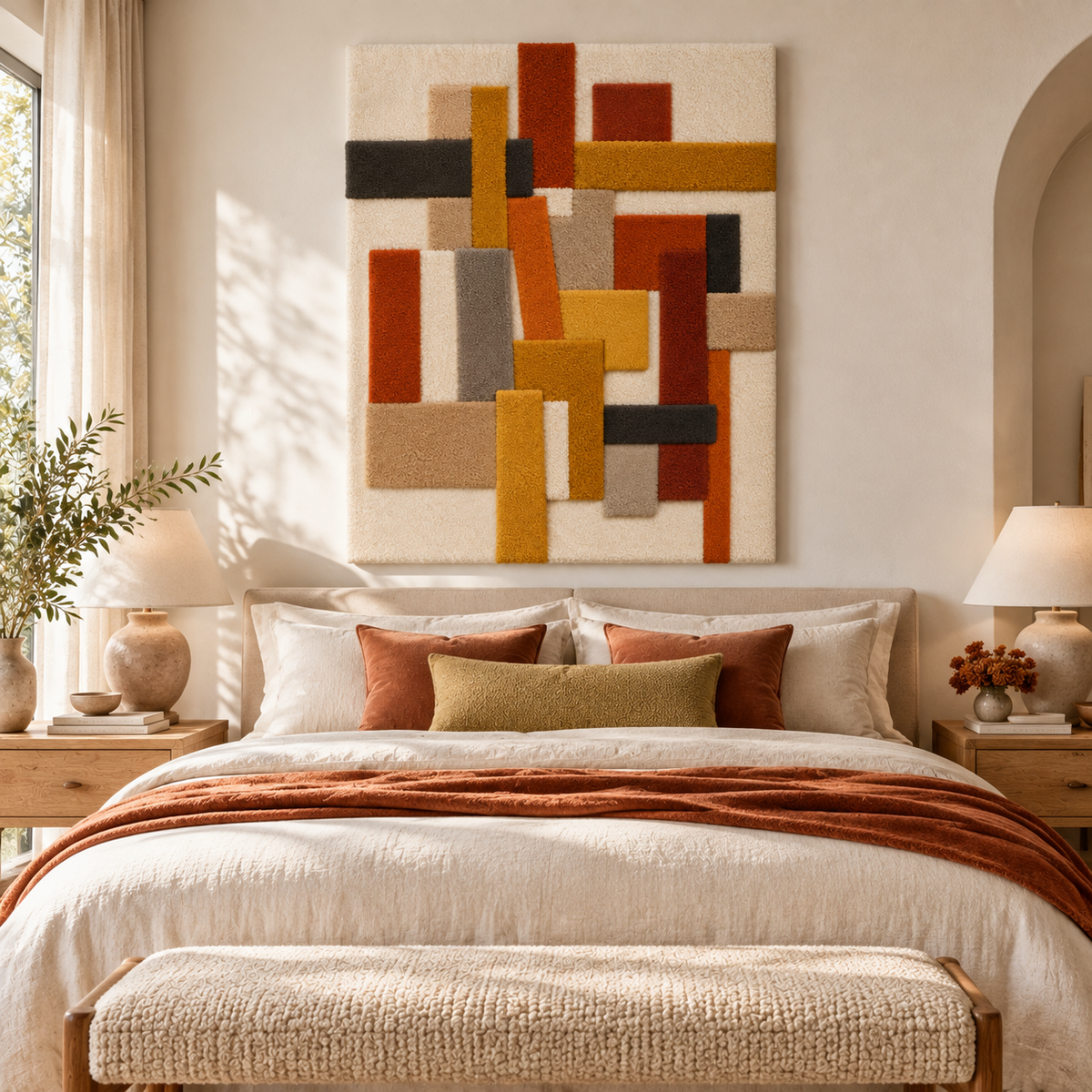 Ochre Crossbar and Rust Columns — front-facing room scene [room-front]