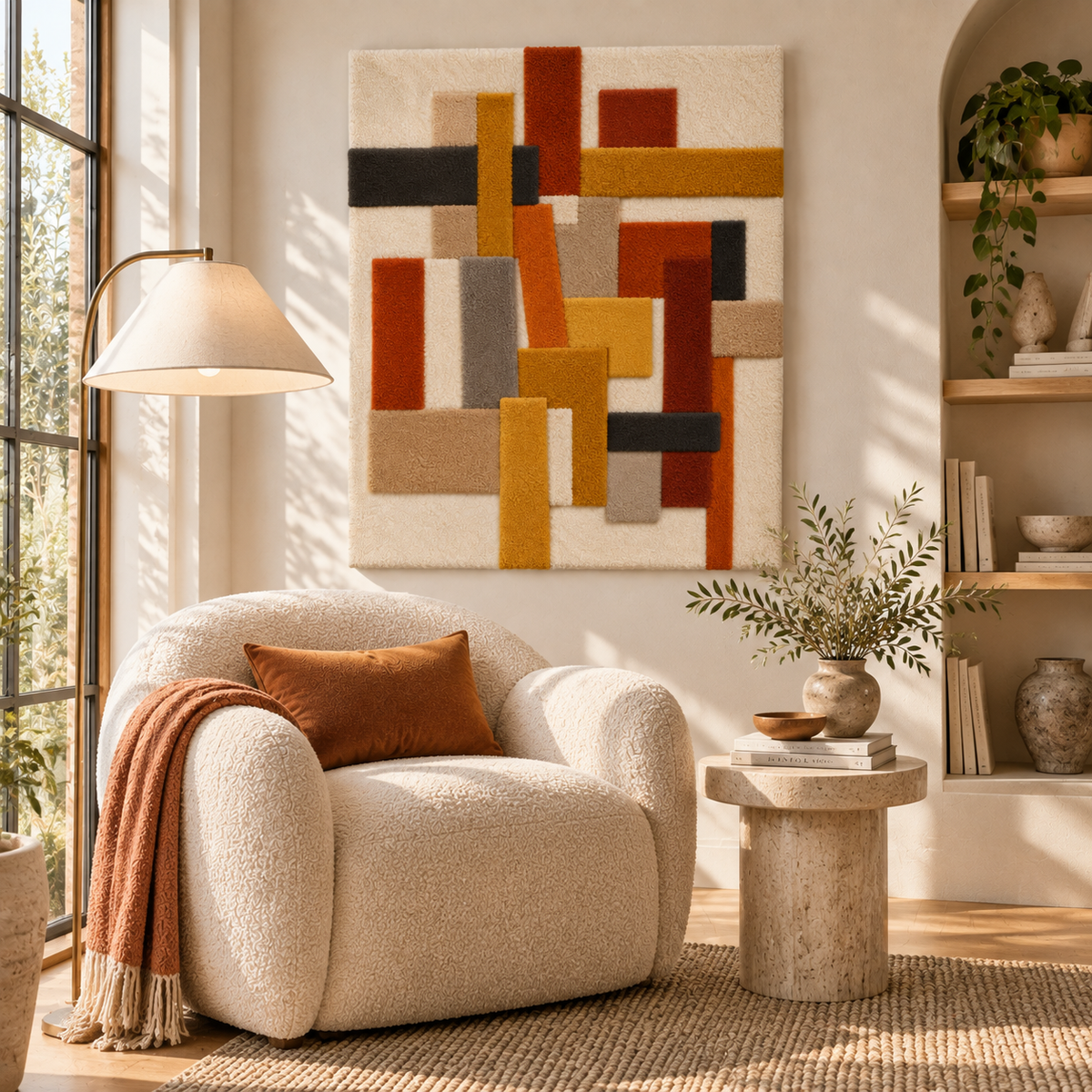 Ochre Crossbar and Rust Columns — front-facing room scene [room-front]