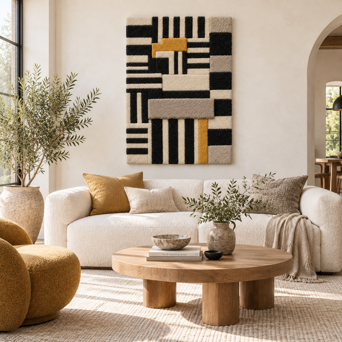 Hewn Earth Ochre Crossbar Weave wall art featuring a woven design with warm ochre tones, displayed in a room setting.