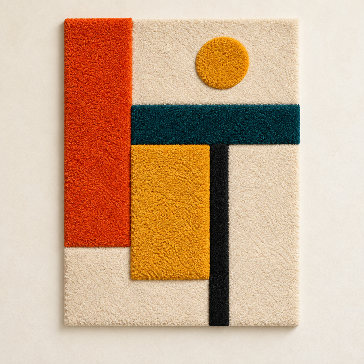 Hewn Earth wall art featuring an ochre dot and ember beam design on a neutral background.