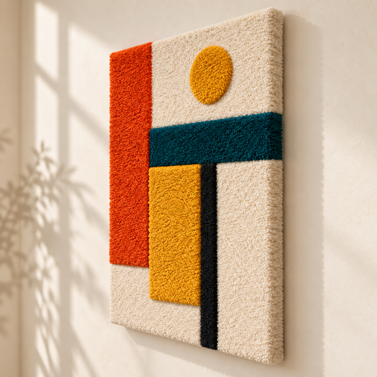 Hewn Earth wall art featuring ochre dot and ember beam design, abstract artwork with warm earthy tones, angled view.