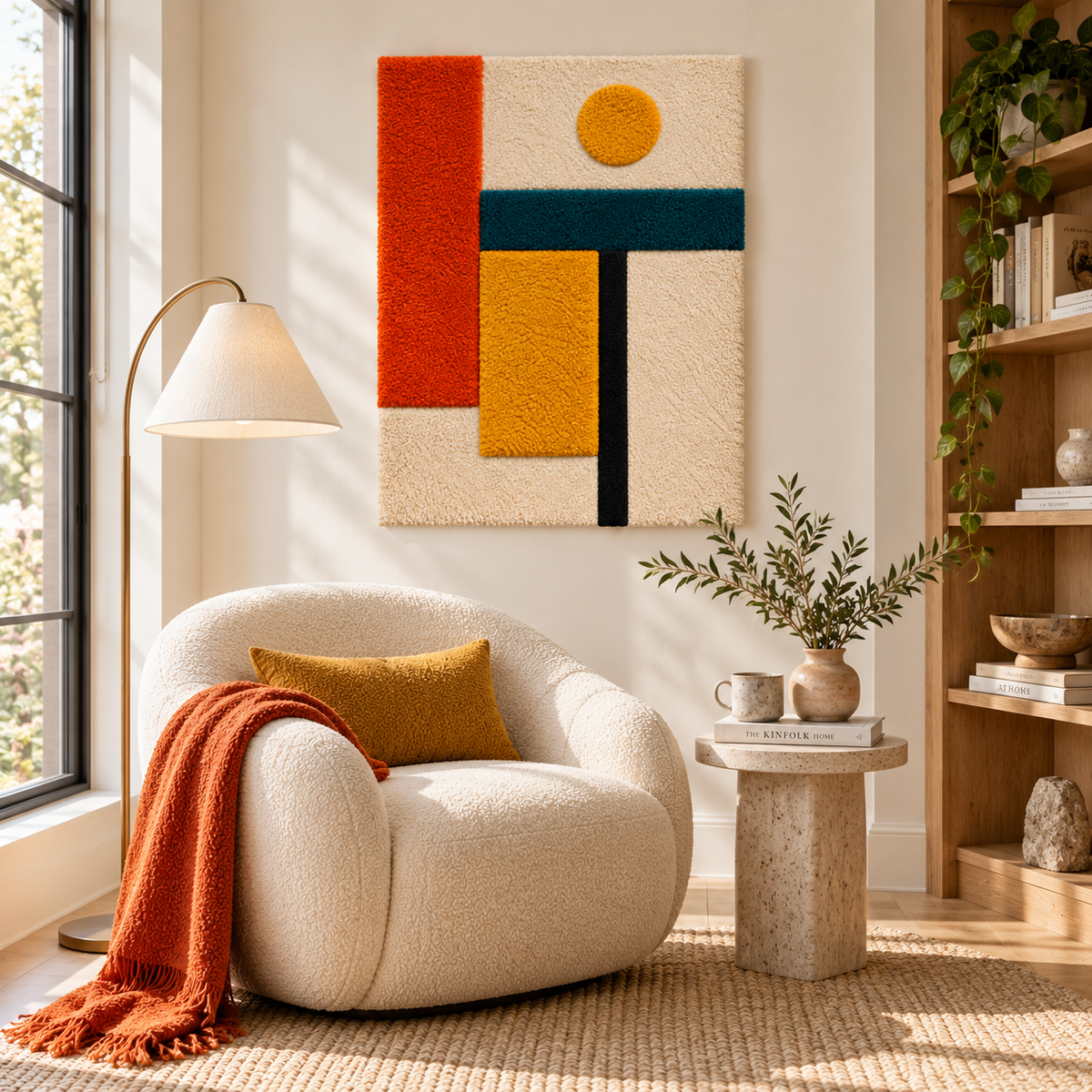 Hewn Earth wall art featuring an ochre dot and ember beam design, displayed on a room wall in a modern interior setting.