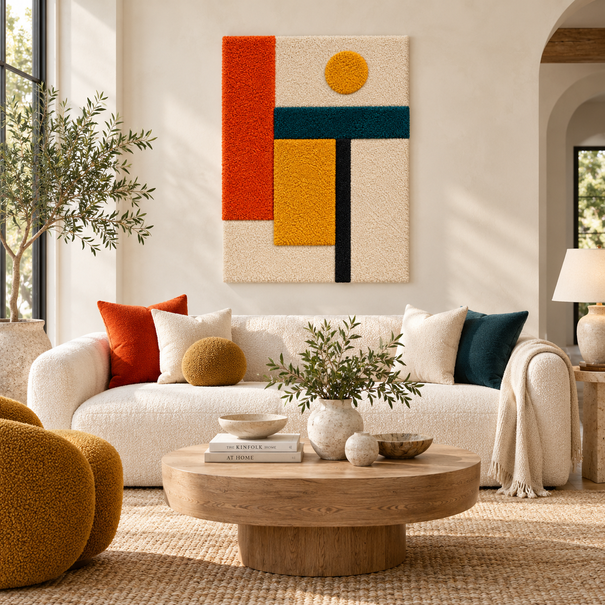 Hewn Earth wall art featuring ochre dot and ember beam design, displayed on a room wall with neutral decor.