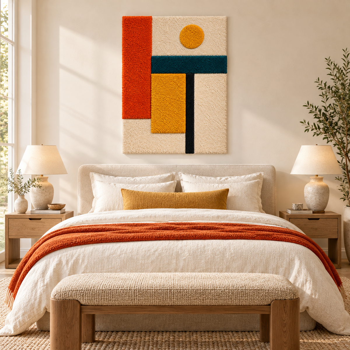 Hewn Earth wall art featuring ochre dot and ember beam design on a room wall, modern bohemian decorative piece.