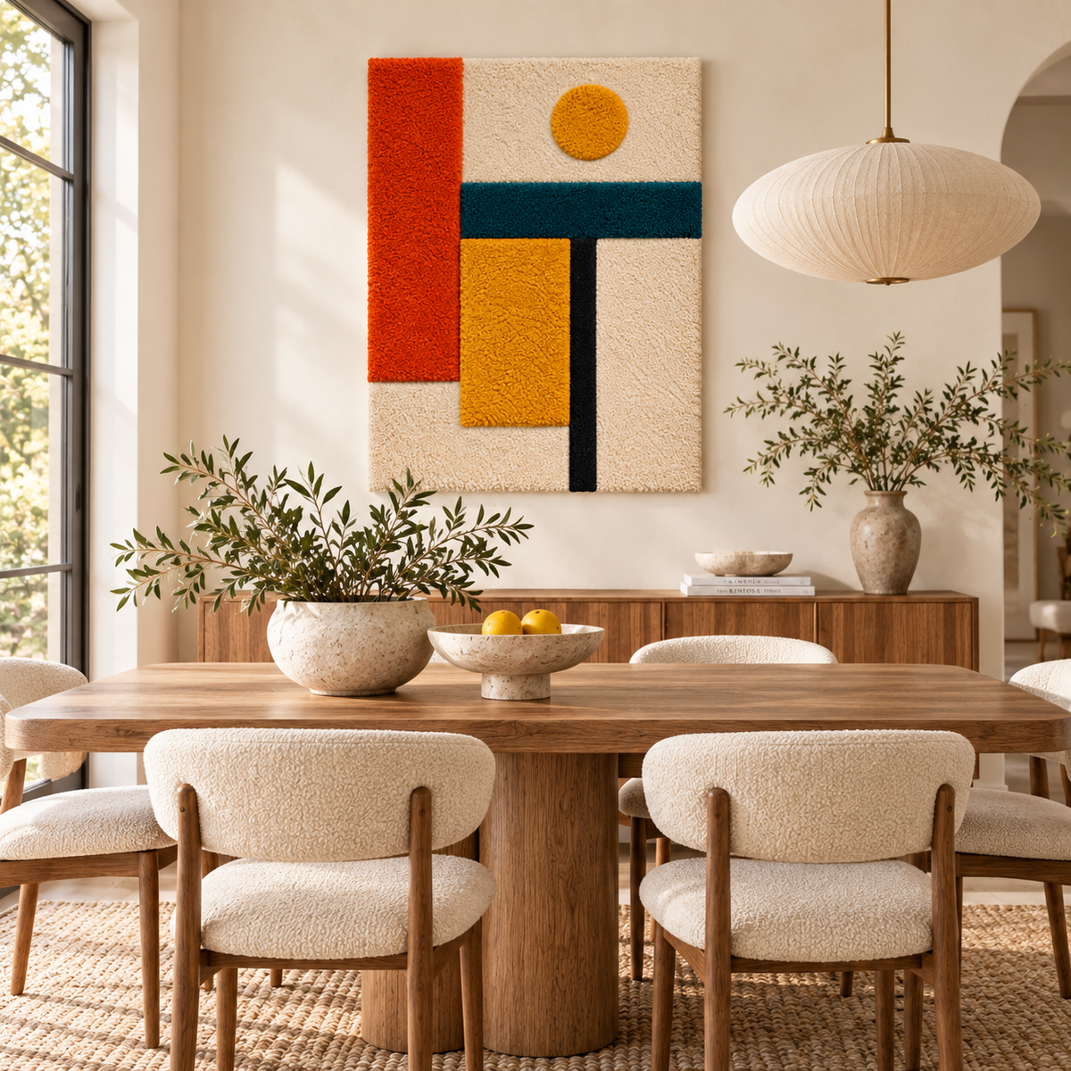 Hewn Earth wall art featuring ochre dot and ember beam abstract design on a neutral-colored wall.
