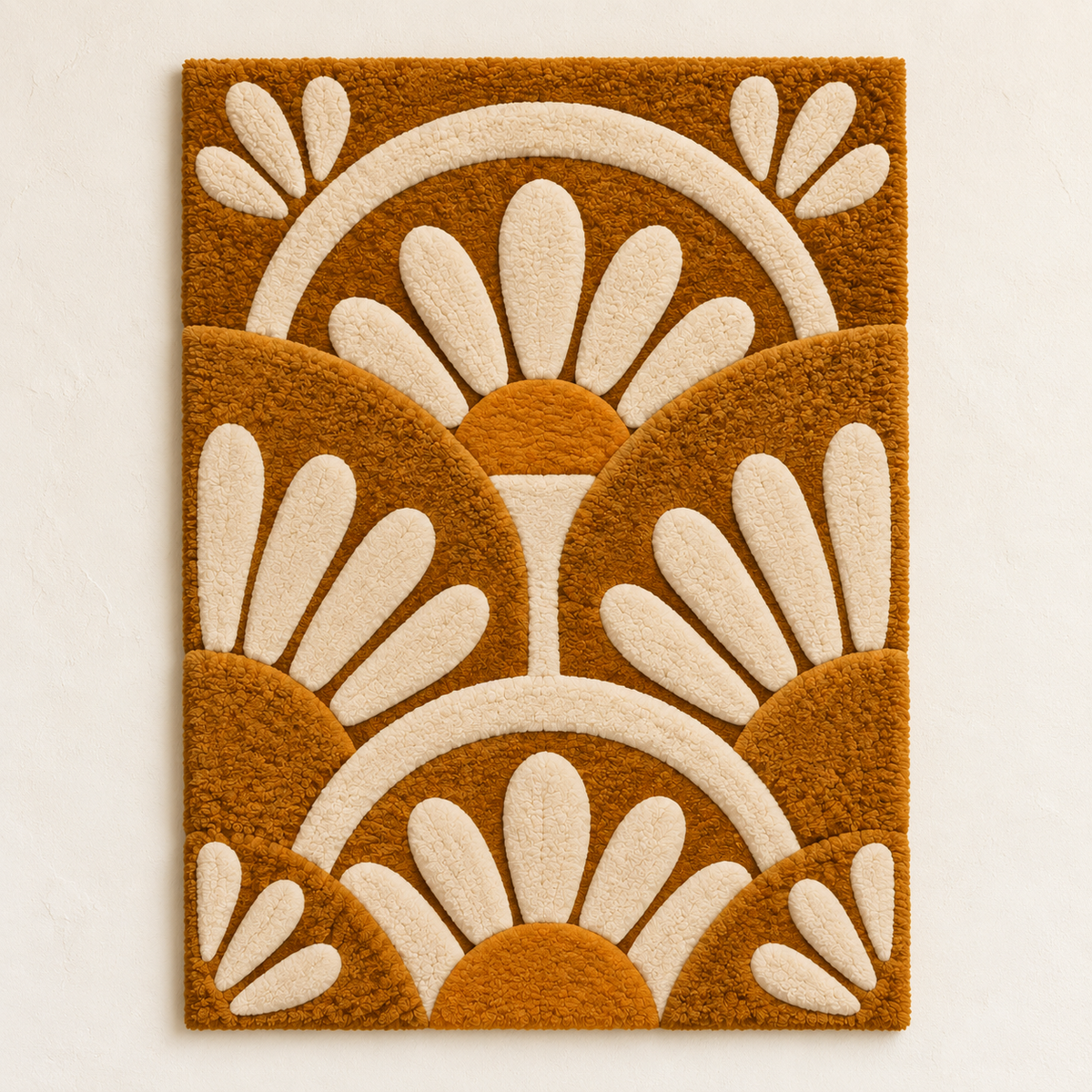 Hewn Earth Ochre Fanflower Arches wall art featuring abstract fanflower designs in warm ochre tones against a light background.