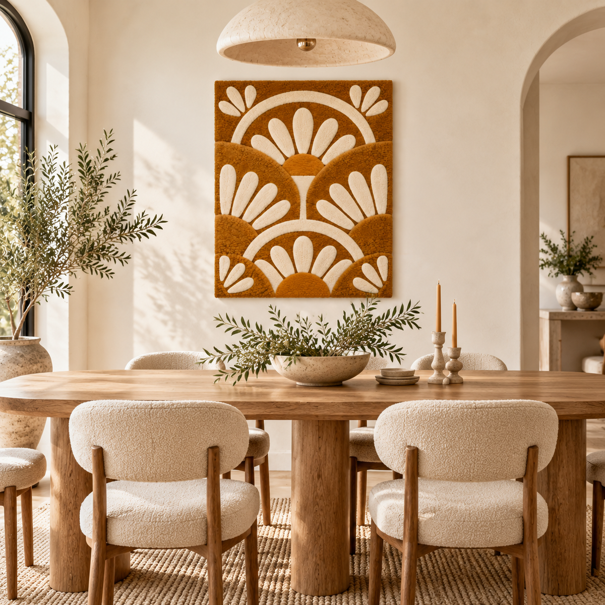 Hewn Earth ochre Fanflower Arches wall art decor displayed on a wall in a modern room scene.