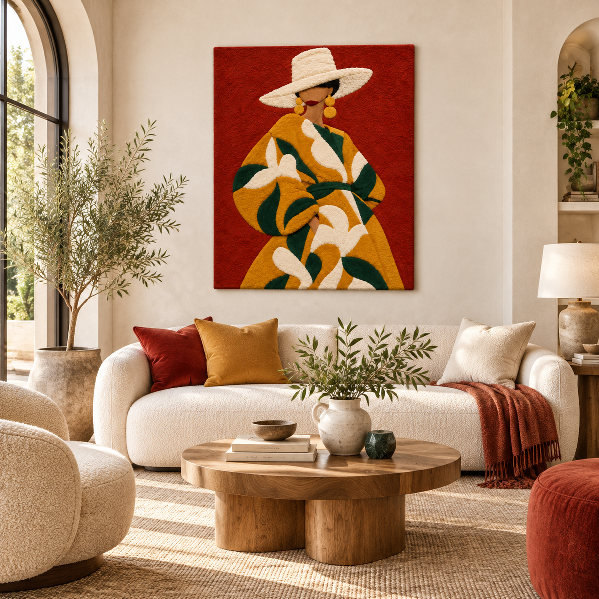 Hewn Earth wall art featuring ochre leaves beneath an ivory brim, vibrant nature-inspired botanical decor for interior design.