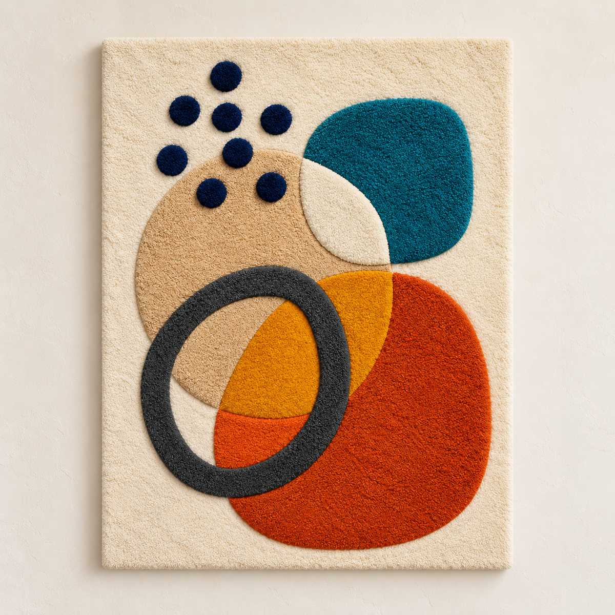Hewn Earth wall art featuring ochre orbit shapes and ink-colored pebbles arranged in an artistic design.