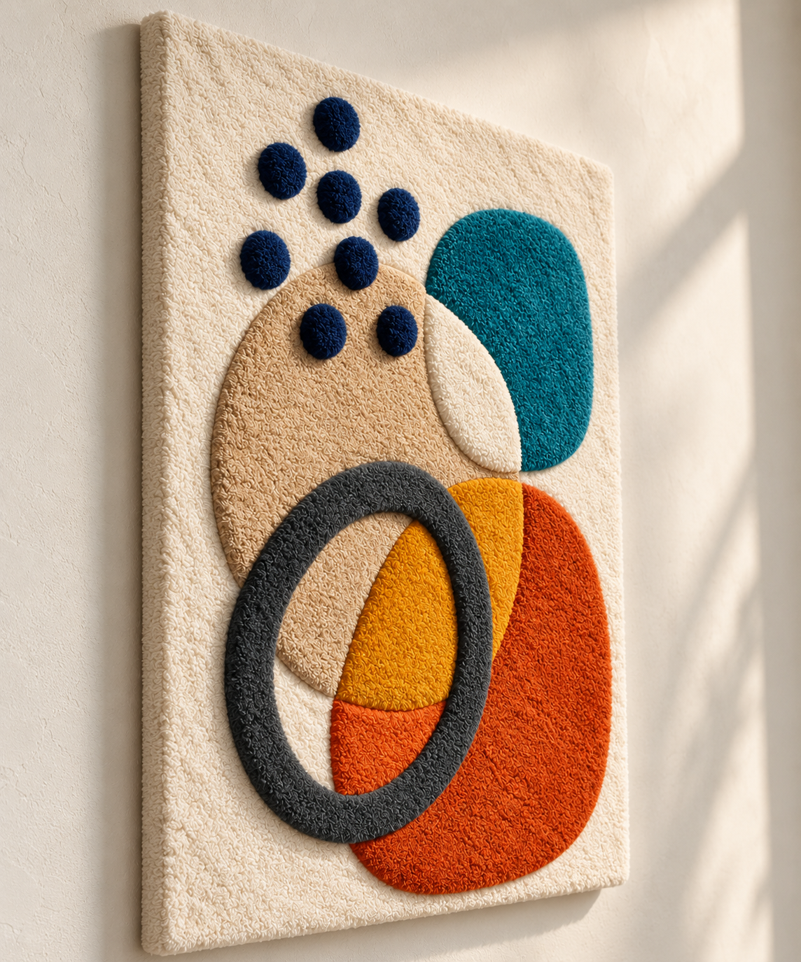 Hewn Earth wall art featuring ochre orbit shapes and ink-colored pebbles on a neutral background.