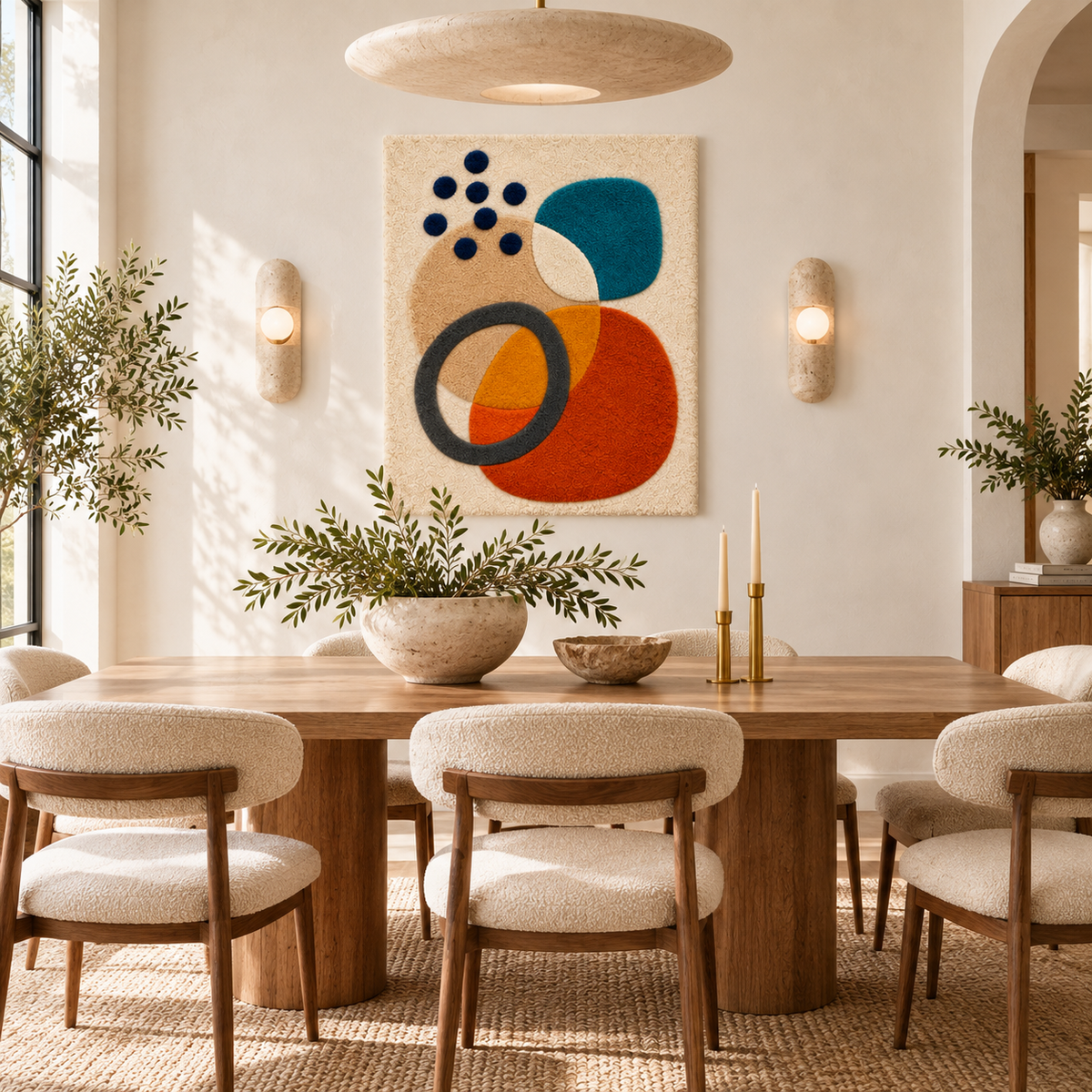 Hewn Earth wall art featuring ochre orbit and ink pebbles design displayed on a room wall in natural light.