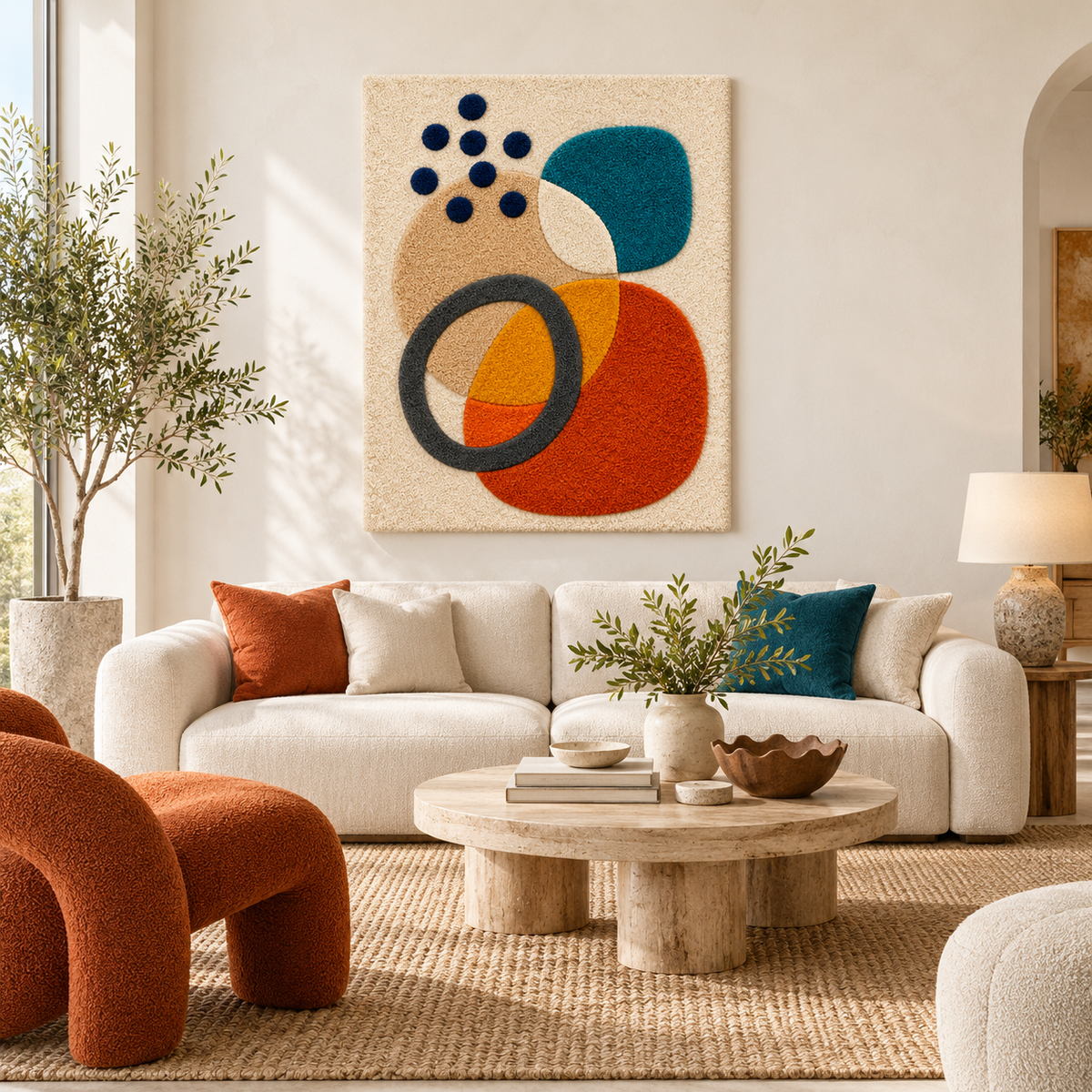 Hewn Earth wall art featuring ochre orbit and ink pebbles design, displayed on a modern room wall with neutral decor.