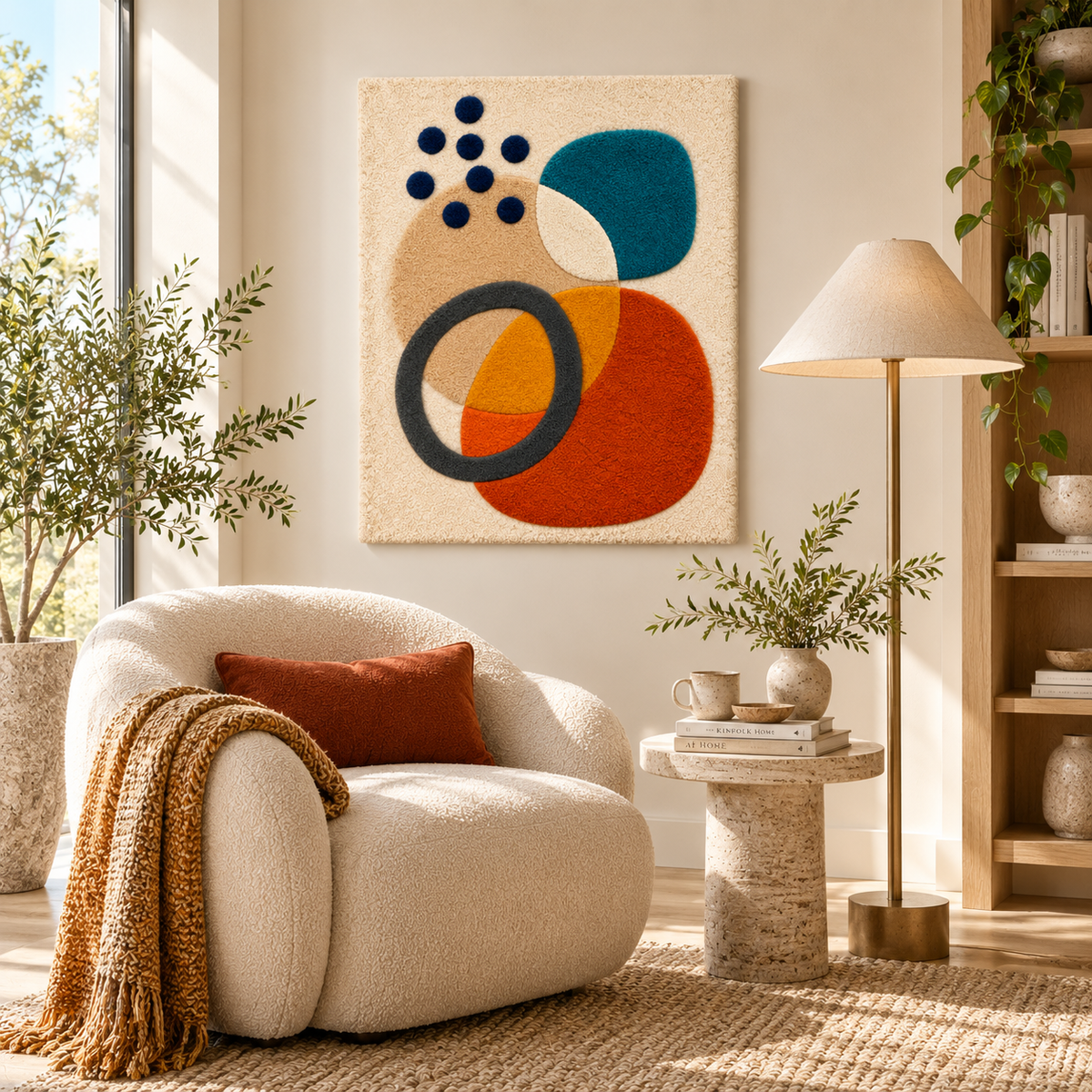 Hewn Earth wall art featuring ochre orbit and ink pebbles design with abstract circular and pebble patterns in a contemporary setting.