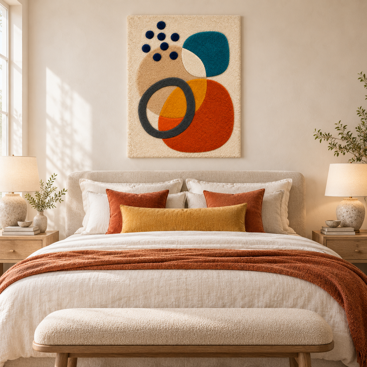 Hewn Earth wall art featuring ochre orbit and ink pebbles design displayed in a modern room setting.