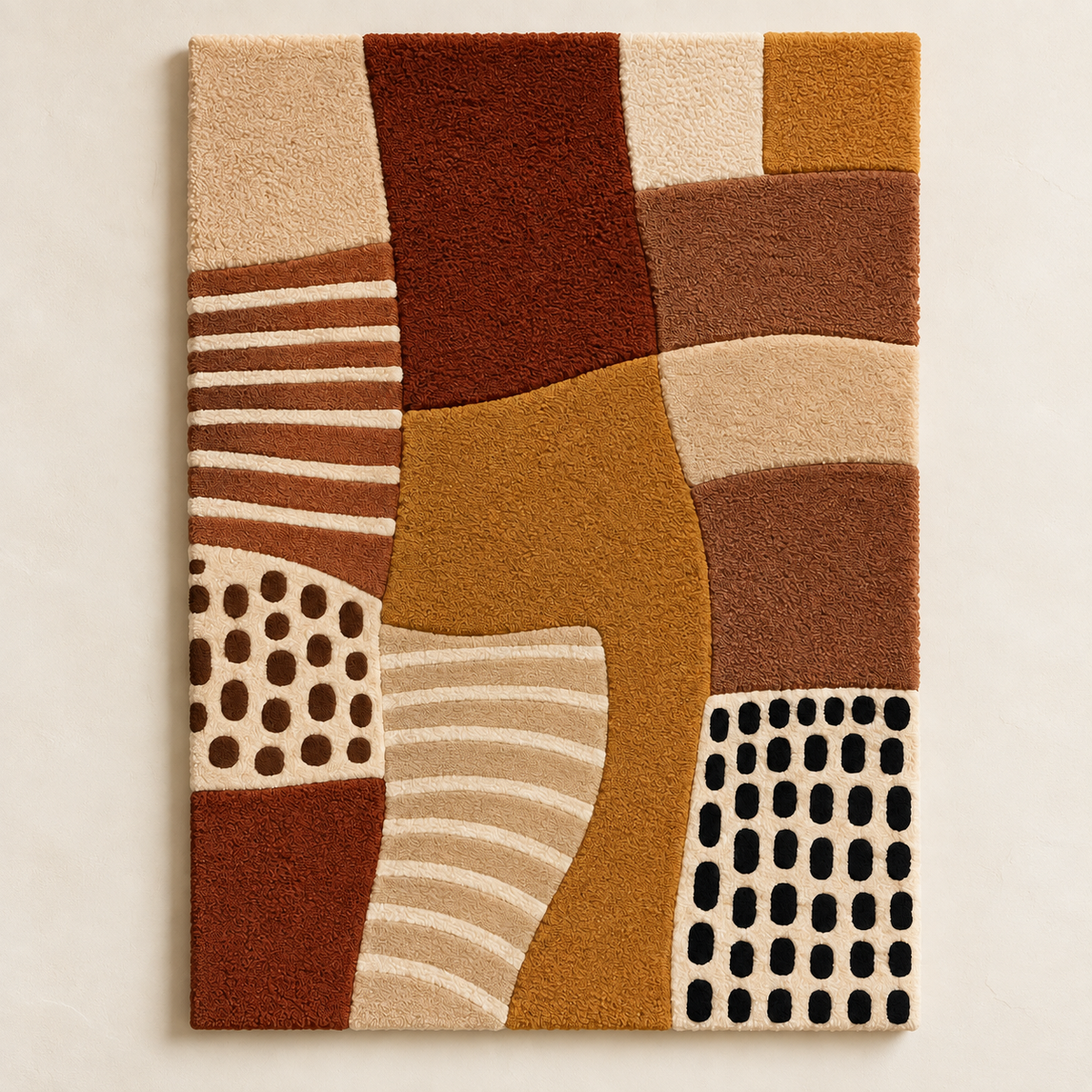 Hewn Earth Ochre Patchwork Rhythm wall art featuring a vibrant patchwork design with warm ochre tones.